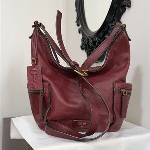 Fossil Women's Red Leather Hobo Bag